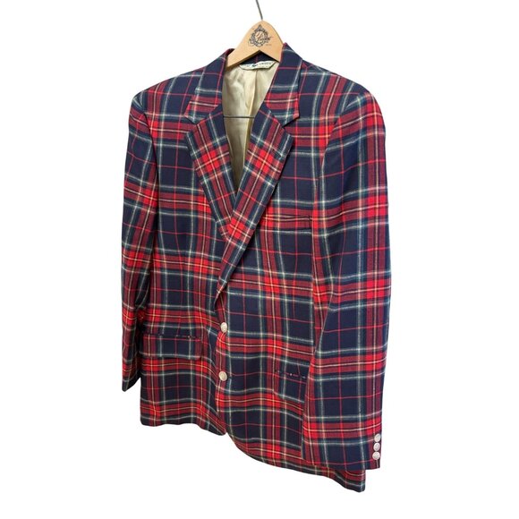 Vintage Izod Lacoste Mens Tartan Plaid Blazer Jacket Red Navy - Picture 3 of 8